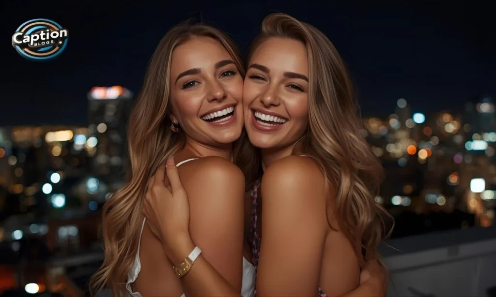 Friends laughing at rooftop birthday party