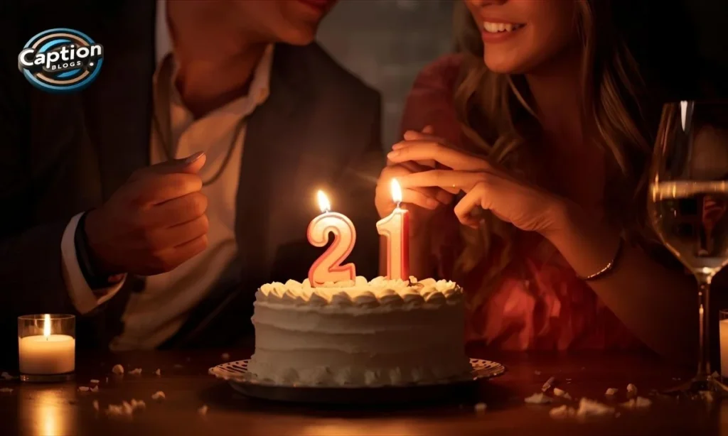 Couple holding hands near 21 candle cake