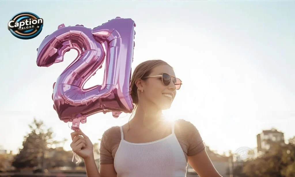 Person posing with shiny 21 birthday balloon