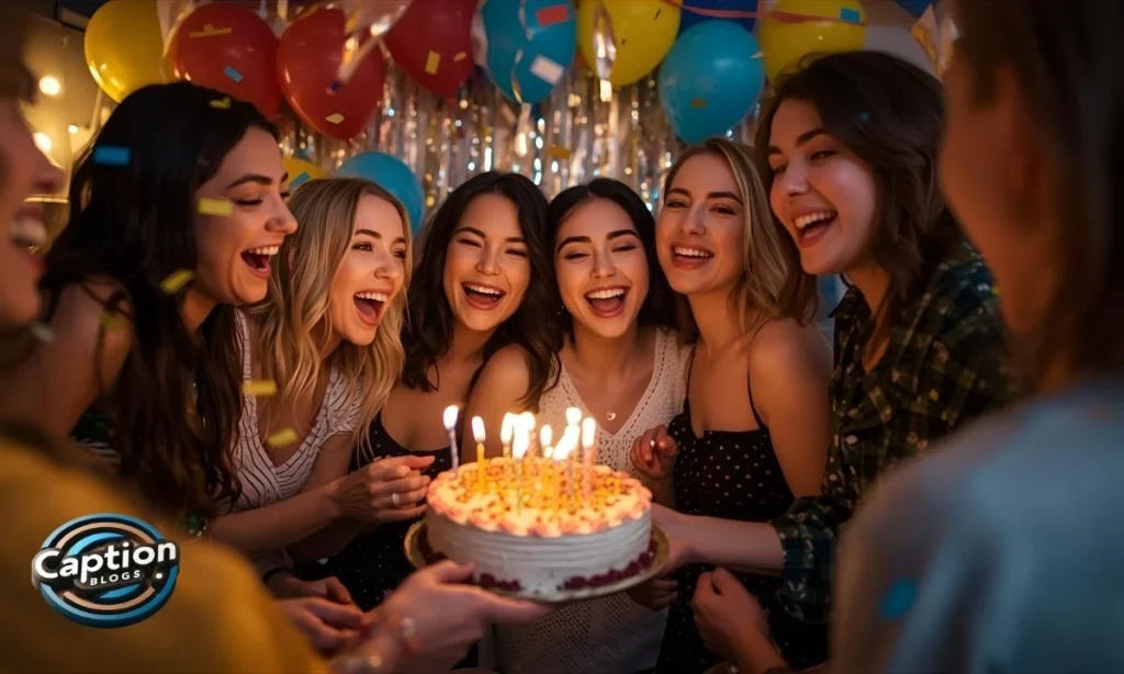 Friends celebrating with cake and balloons