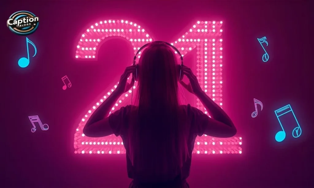 Girl with headphones near glowing 21 sign
