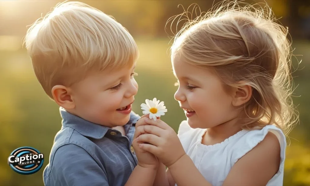 Cute siblings sharing a sweet flower moment