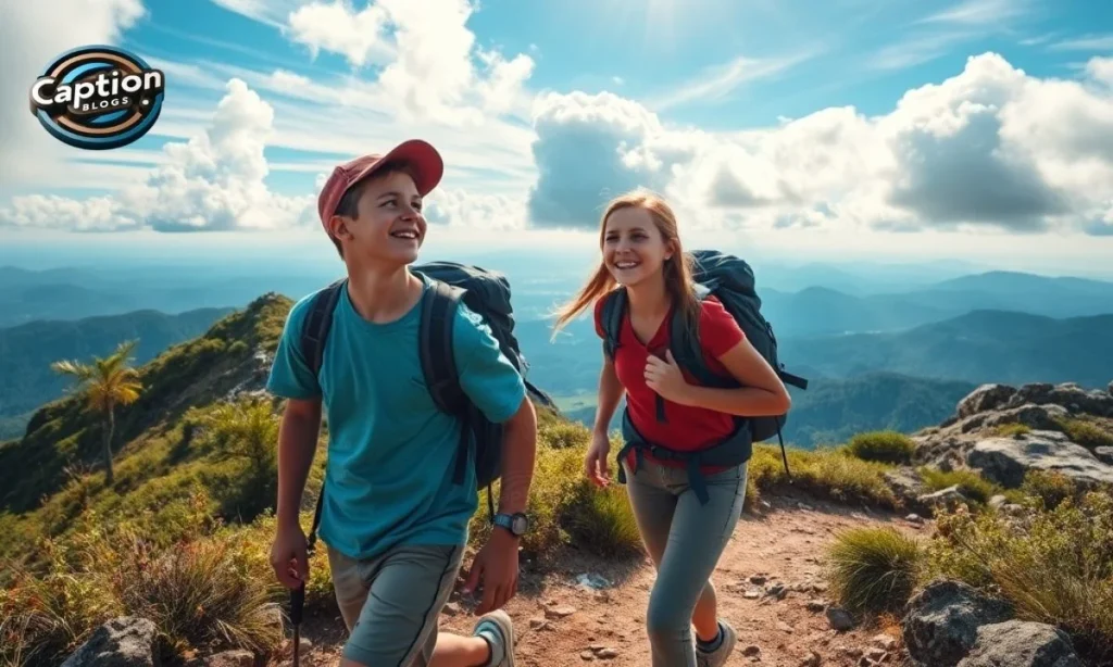 Siblings hiking on scenic mountain trail