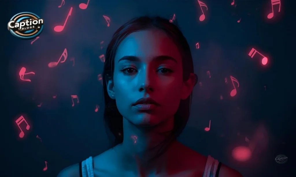 Lyrical solo portrait with soft neon music notes