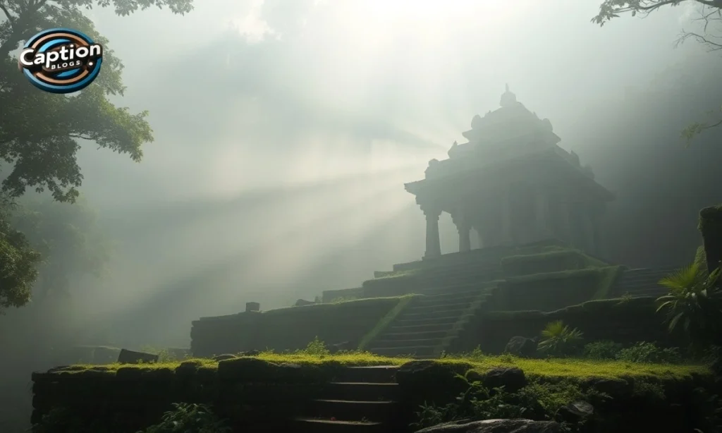 Ancient mystical temple ruins under soft fog