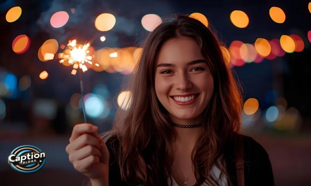 Smiling person holding sparkler at night