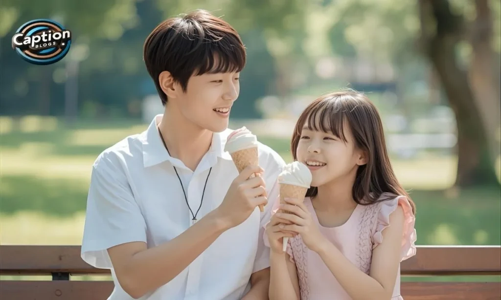 Siblings sharing ice cream on a bench
