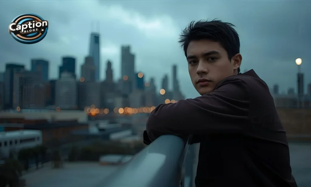 Boy alone with city skyline in moody tones