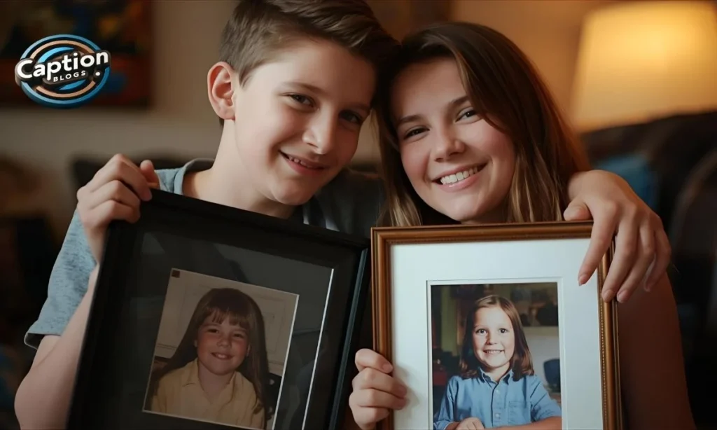 Siblings holding childhood memory photos