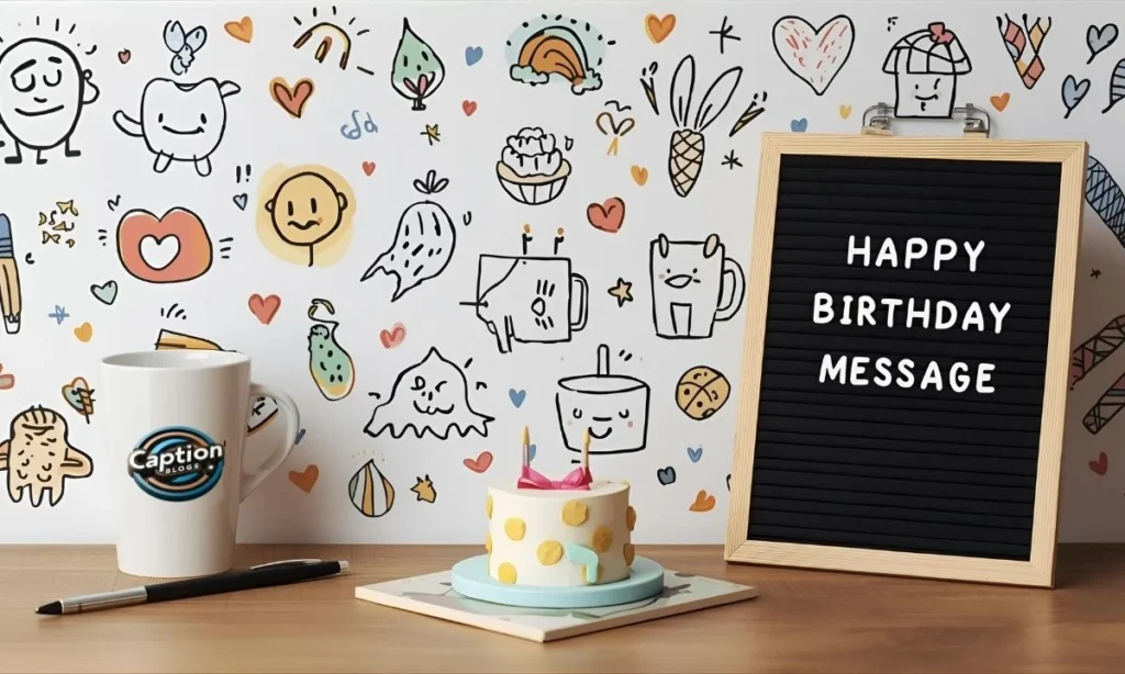 Cute desk birthday setup with message board