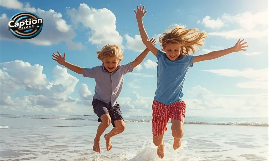 Siblings jumping on beach with waves splashing