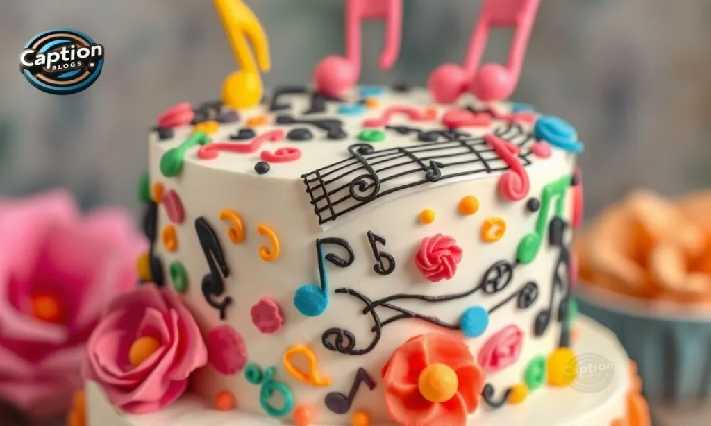 Lyric-themed cake with music notes and humor