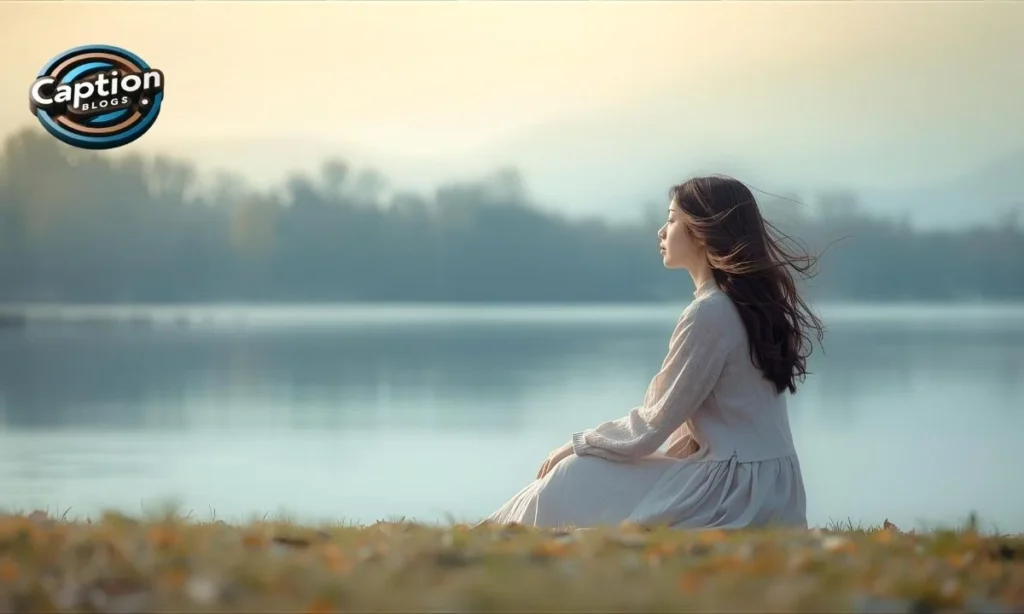 Girl sitting alone by lake in soft aesthetic
