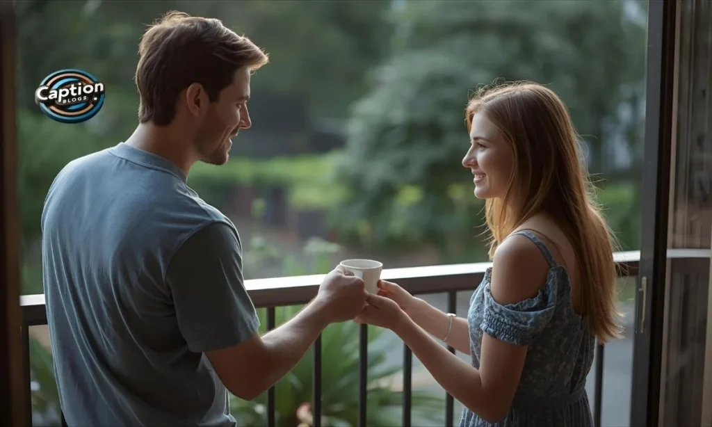 Brother offering sister coffee on balcony