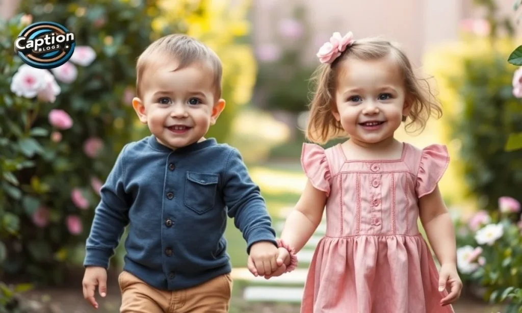 Cute toddler siblings holding hands in garden