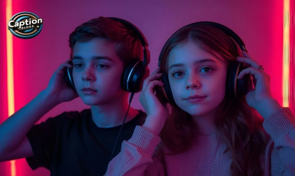 Siblings sharing music with headphones