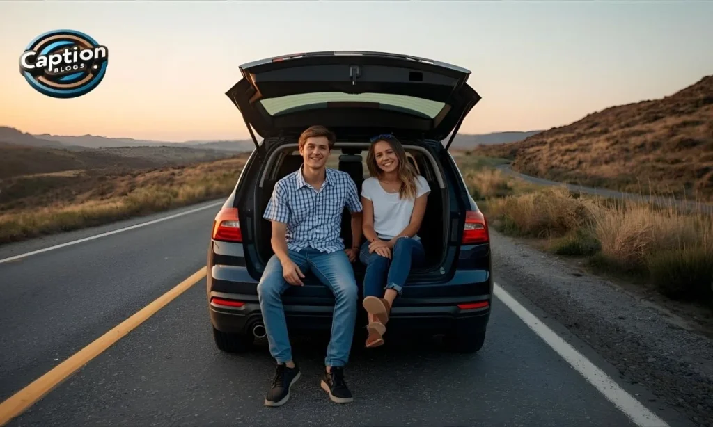 Siblings on road trip sitting on car trunk