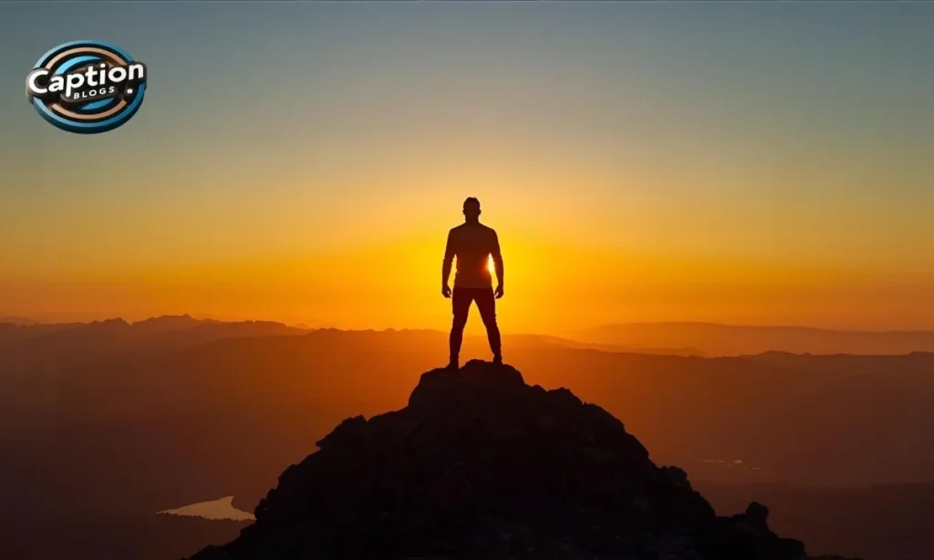 Motivated silhouette on mountain at sunrise
