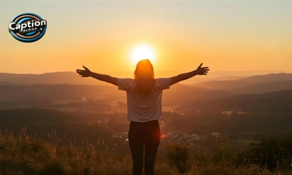 Person at sunrise with inspiring open-arm pose
