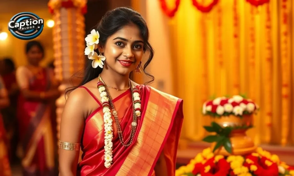 Kerala girl in saree posing near pookalam