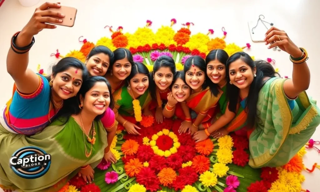 Friends taking Onam selfies near flower rangoli