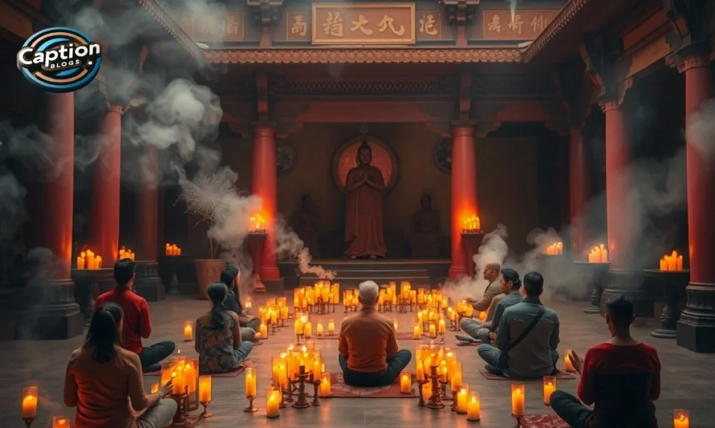 Peaceful temple courtyard with meditation vibe