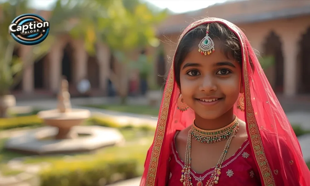 Girl in bright bandhani poshak smiling