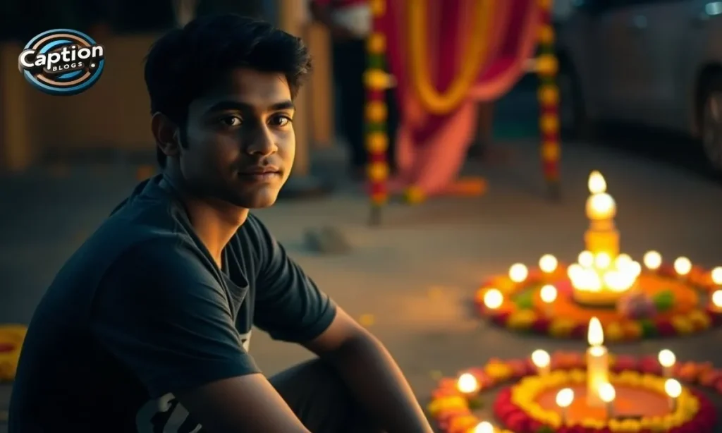 Person reflecting near pookalam at dusk