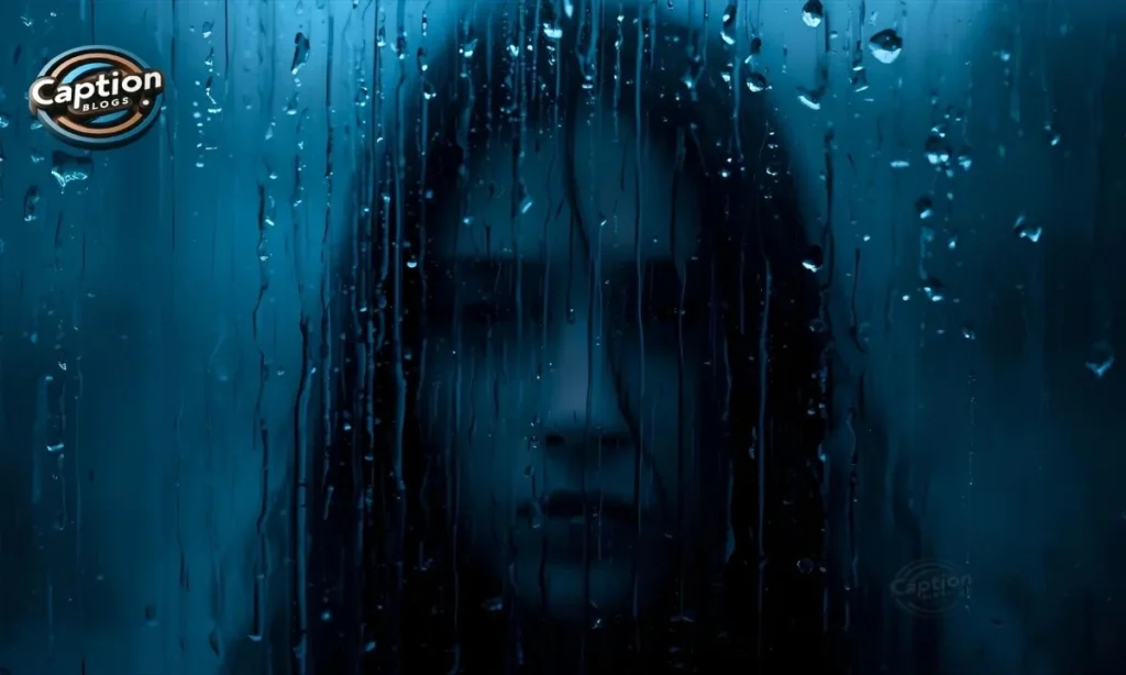 Sad silhouette behind rainy window in blue tones