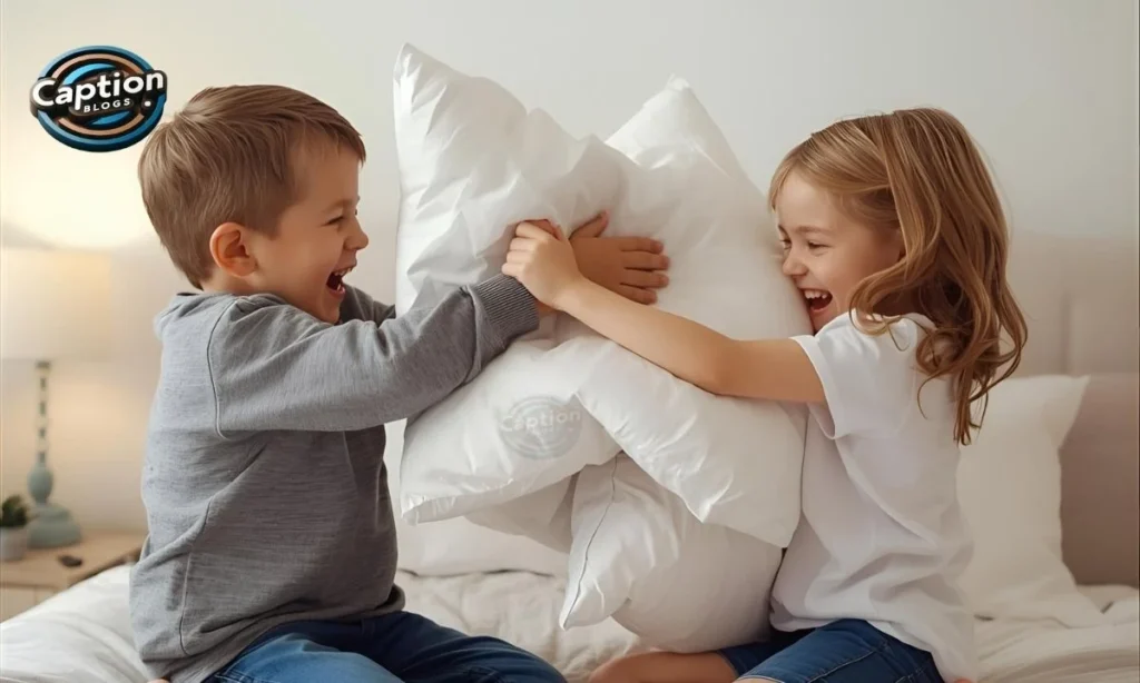 Siblings having fun pillow fight laughing