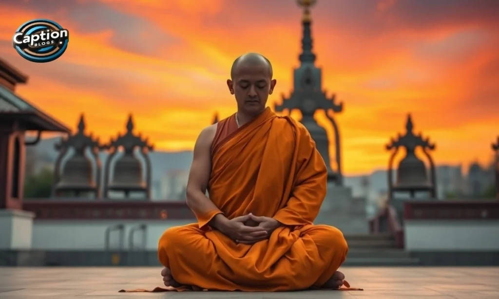 Monk meditating near temple under sunrise light