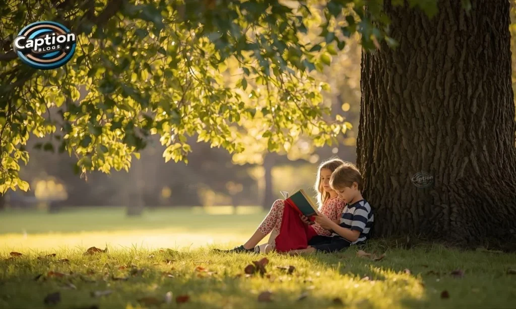 Siblings reading together under sunlit tree