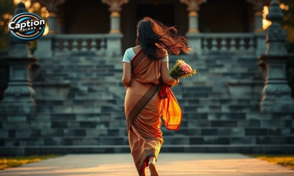 Girl in saree walking towards temple gracefully