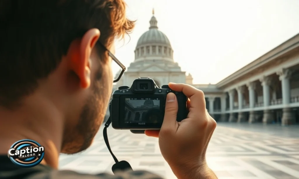 Traveler clicking temple photo in golden light